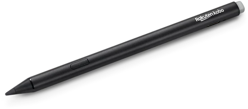 Schwarzer Stift, Rakuten Kobo, schräg auf Schwarz.