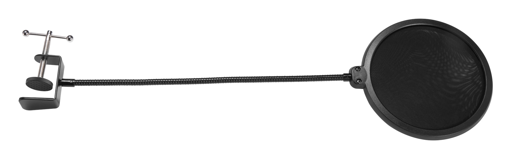 Czarny filtr pop z zaciskiem i elastycznym ramieniem. Jest na białym tle.