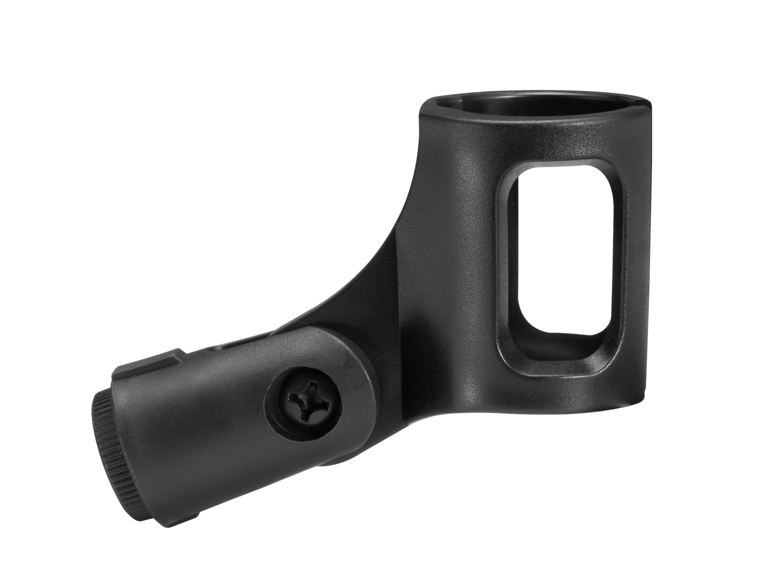 Czarny uchwyt na klips do mikrofonu na białym tle. Ma śrubę i otwór.