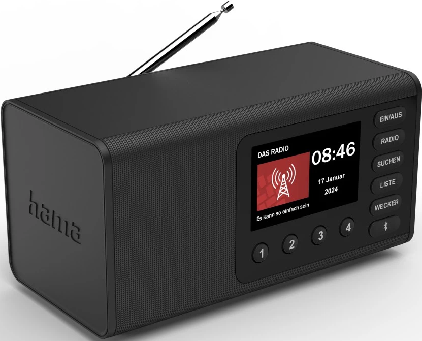 Radio Hama nera. Il display mostra ora, data e dettagli della stazione radio. Pulsanti e antenna visibili.