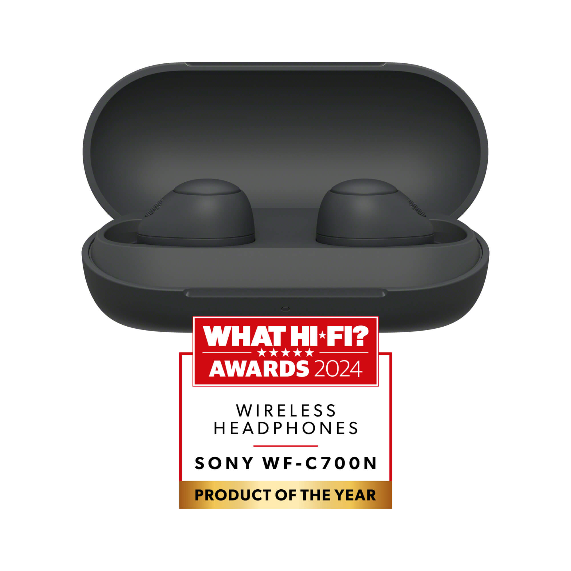 Czarne bezprzewodowe słuchawki douszne w etui ładującym z naklejką „What Hi-Fi? Awards 2024”.