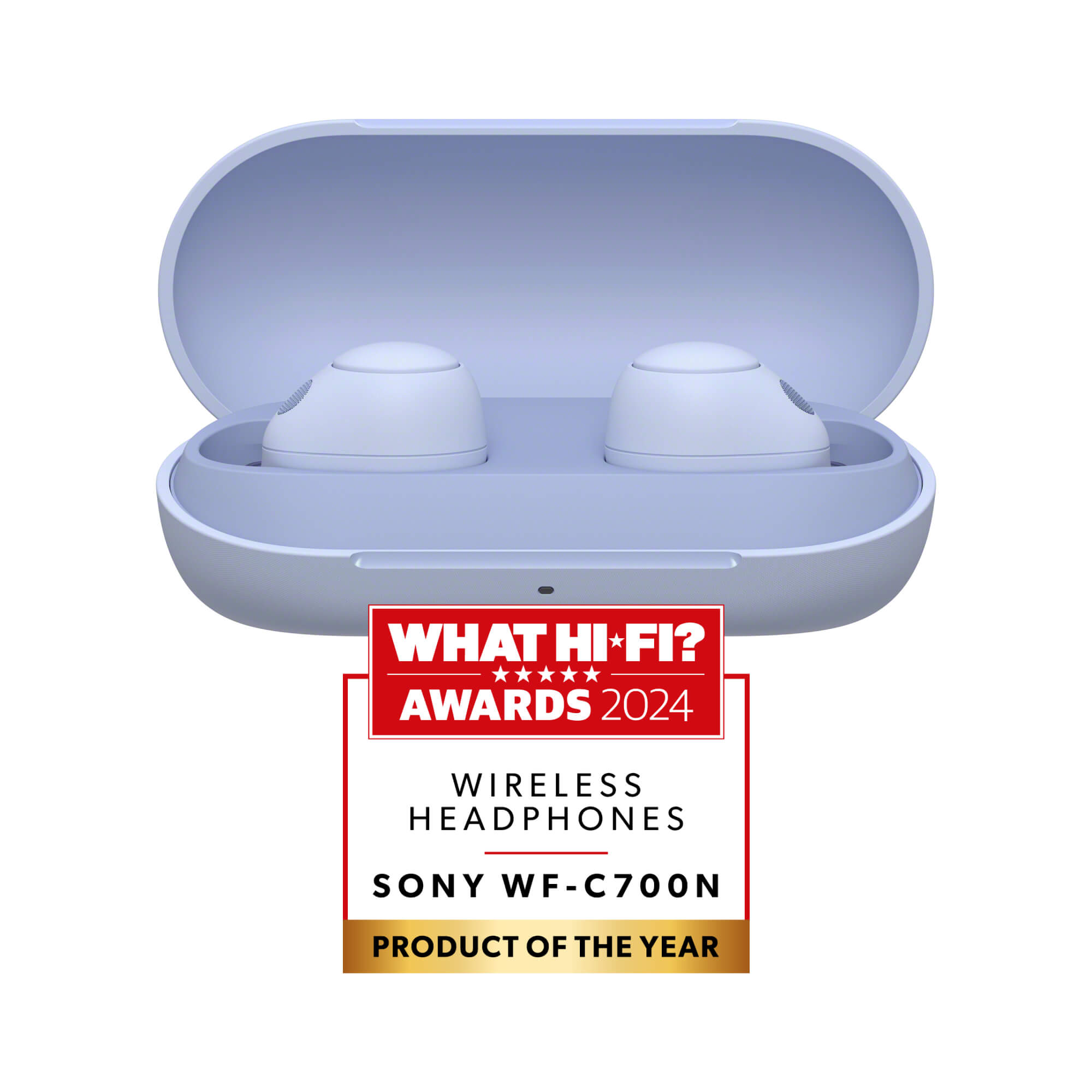 Bezprzewodowe słuchawki douszne w jasnoniebieskim etui z naklejką 'What Hi-Fi? Awards 2024'.