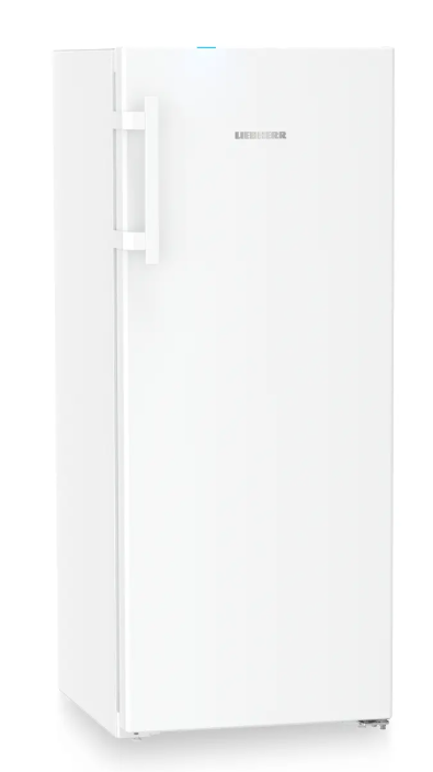 Ein weißer Kühlschrank mit Griff auf weißem Hintergrund.