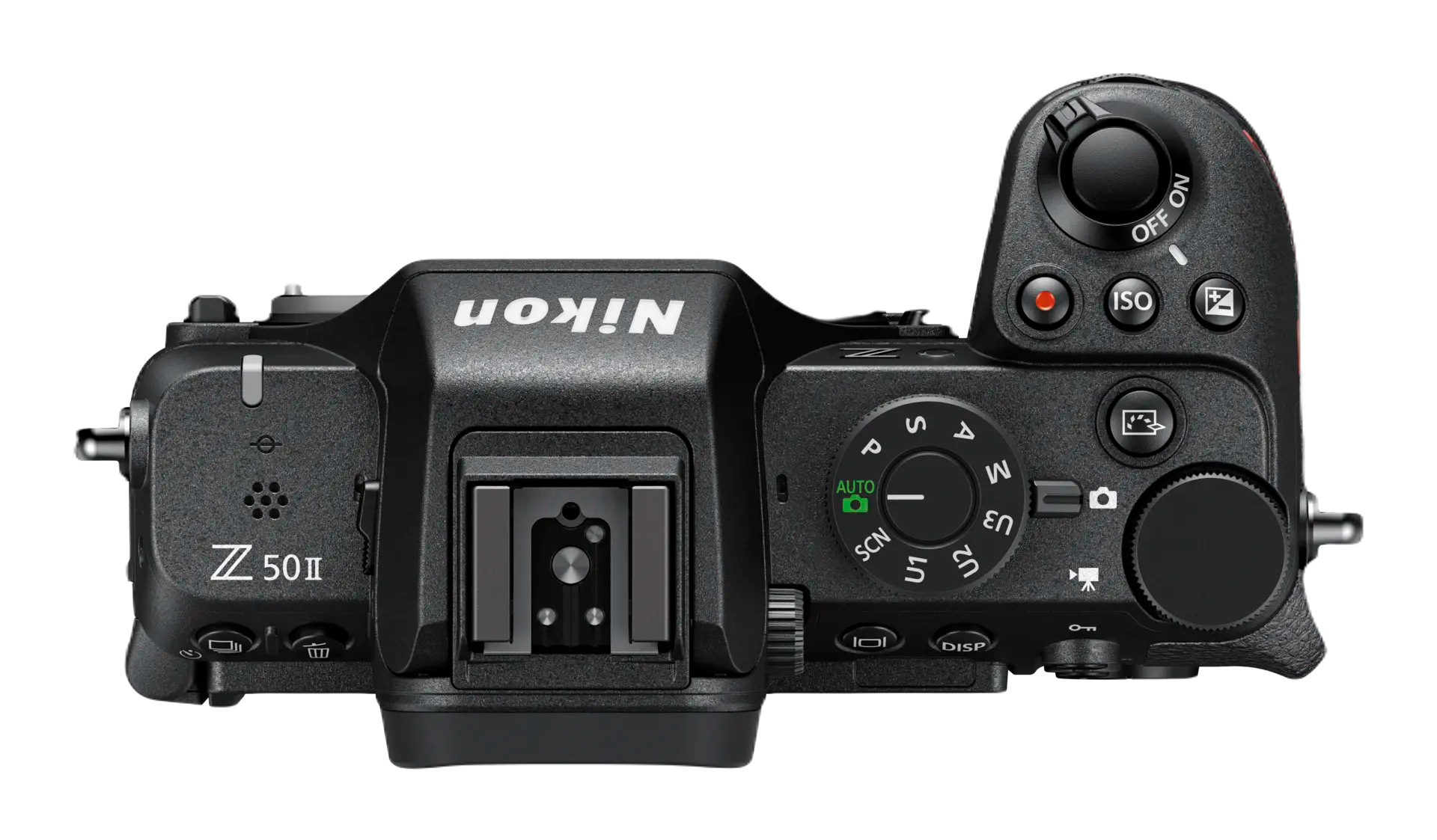 Siyah bir Nikon Z 50 II kameranın üstten görünümü, düğmeleri, kadranları ve Nikon markasını gösteriyor.