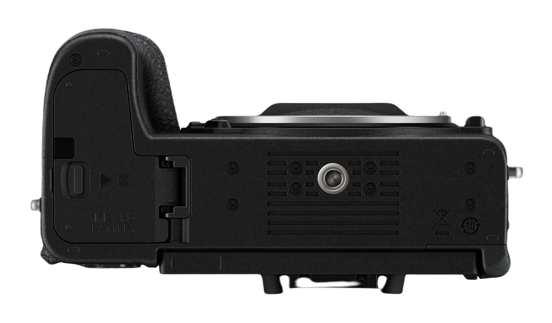 Siyah bir Nikon Z 50 II kameranın yan görünümü, kart ve pil bölmesini gösteriyor.
