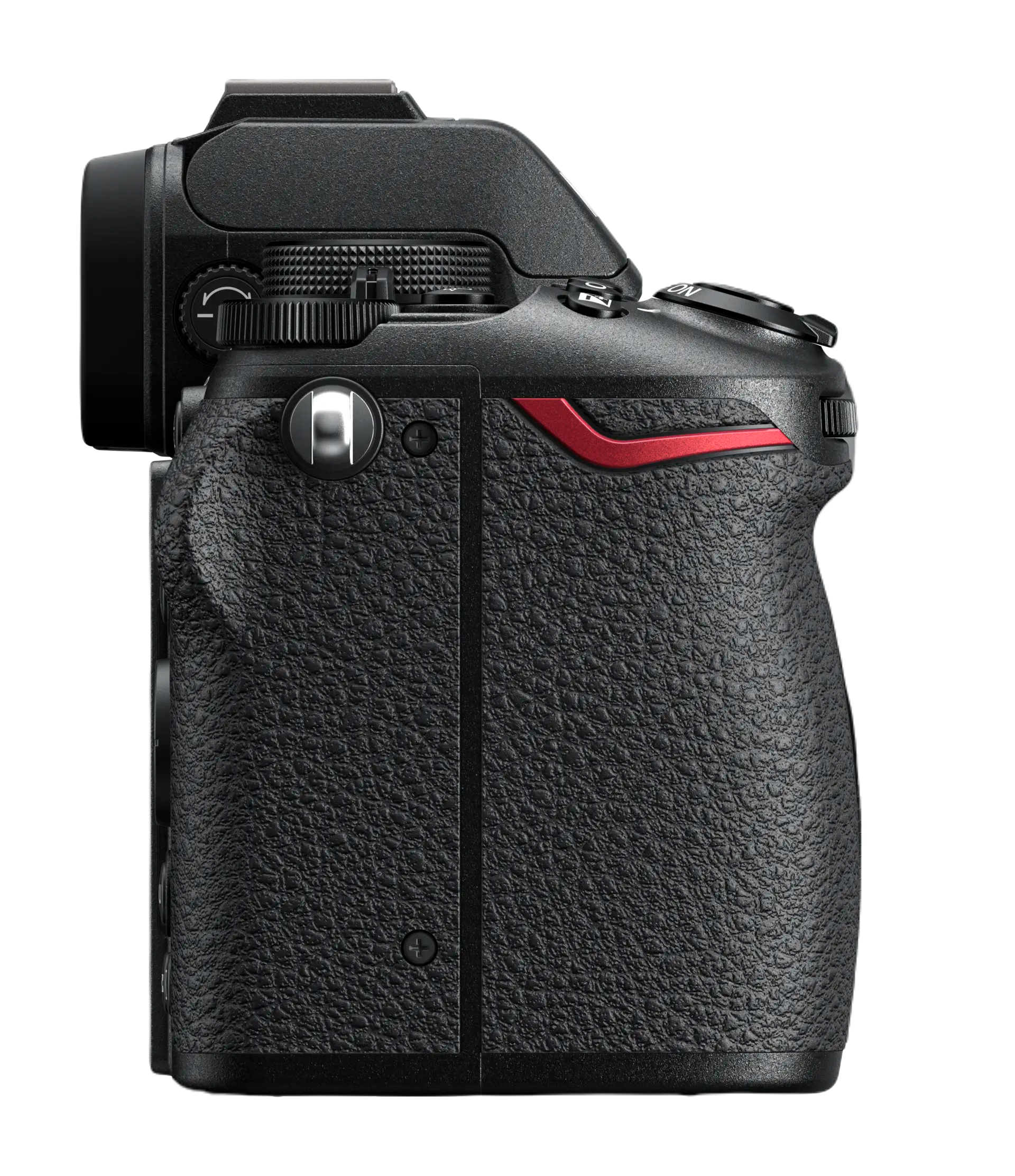 Kırmızı vurgulu ve tutacaklı siyah Nikon kamera.