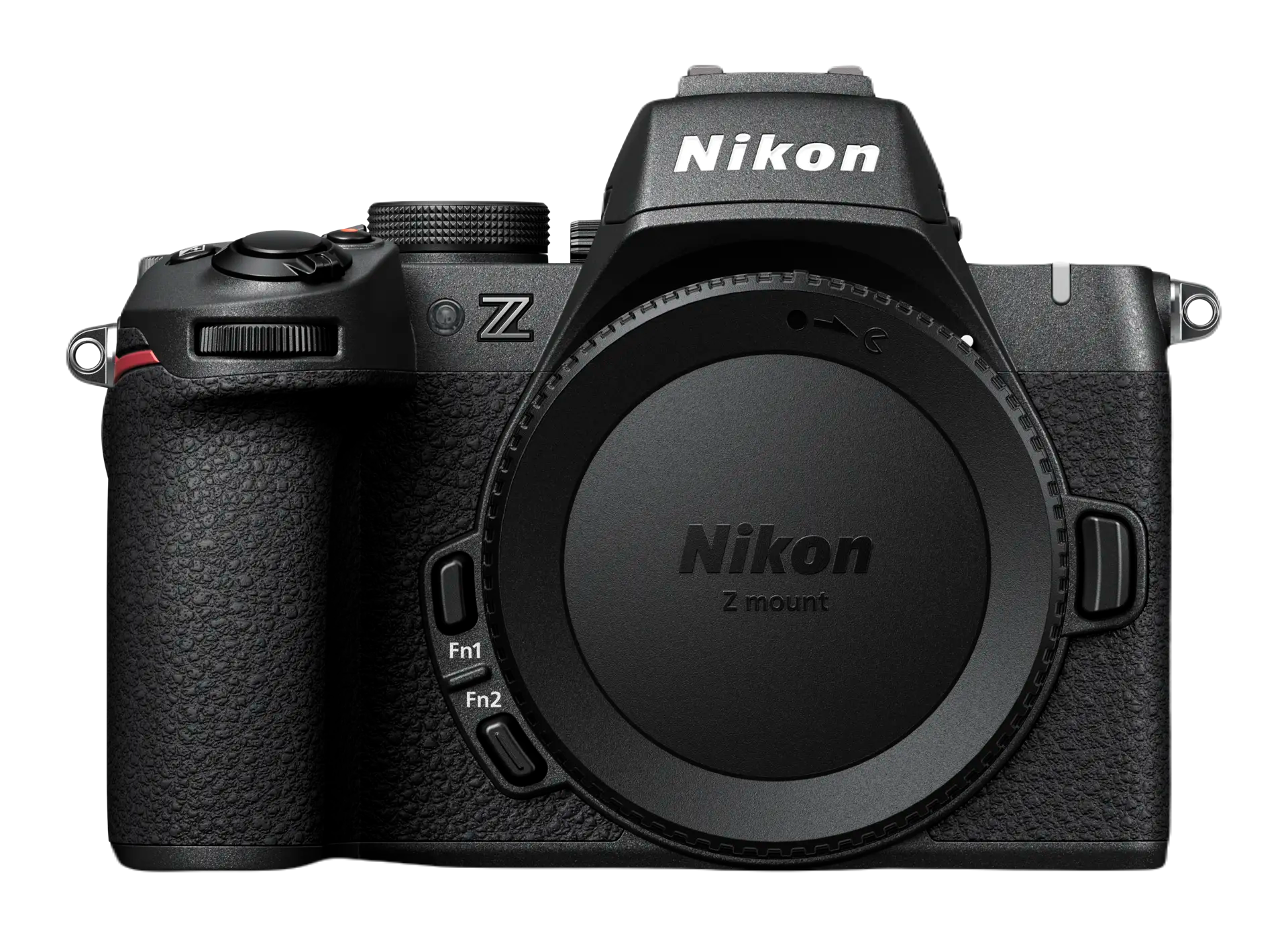Siyah bir Nikon Z kameranın ön görünümü, lens kapağı takılı, Nikon ve Z mount markasını gösteriyor.