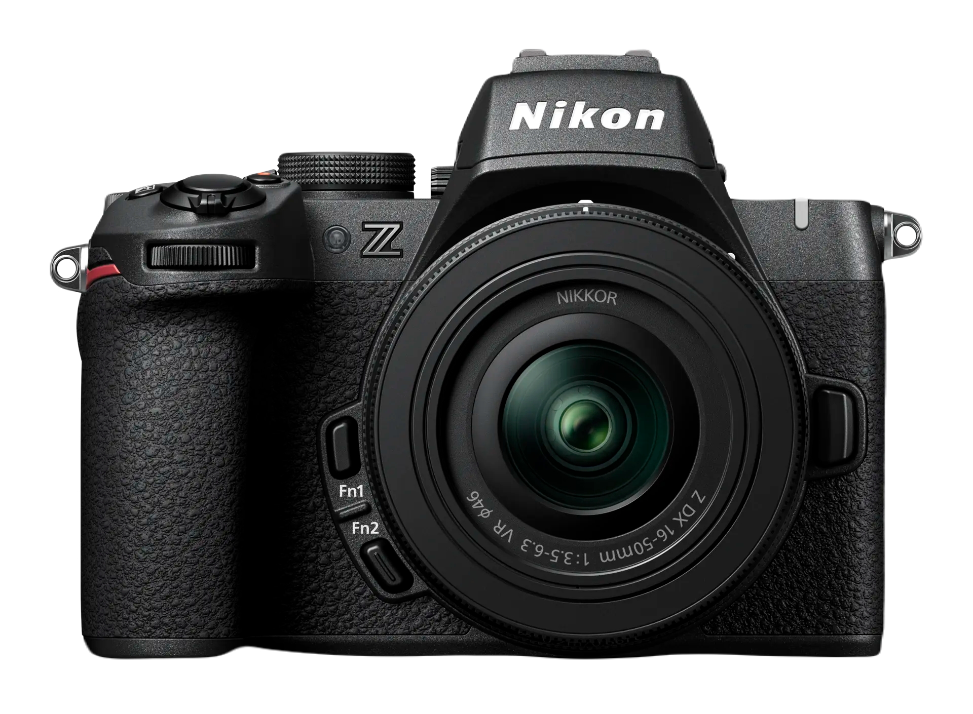 Siyah bir Nikon Z kameranın ön görünümü, bir lens takılı, kullanıma hazır, Nikon ve Z mount markası.