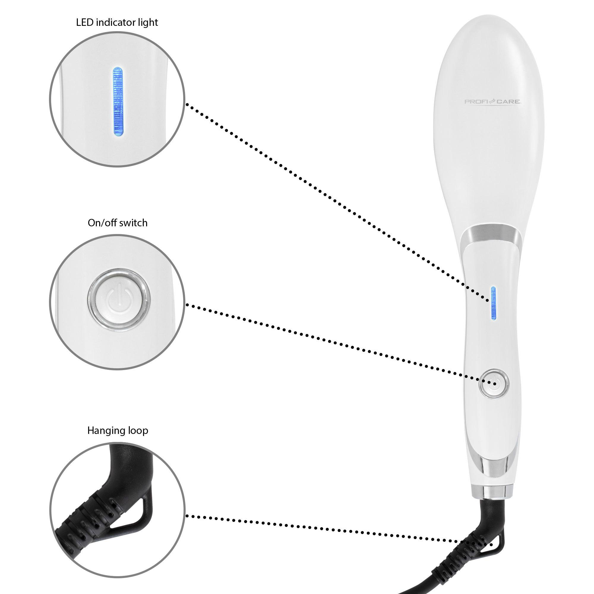 Nahaufnahme einer weißen Haarbürste mit Details der LED-Anzeige, des Ein-/Ausschalters und der Aufhängeschlaufe.