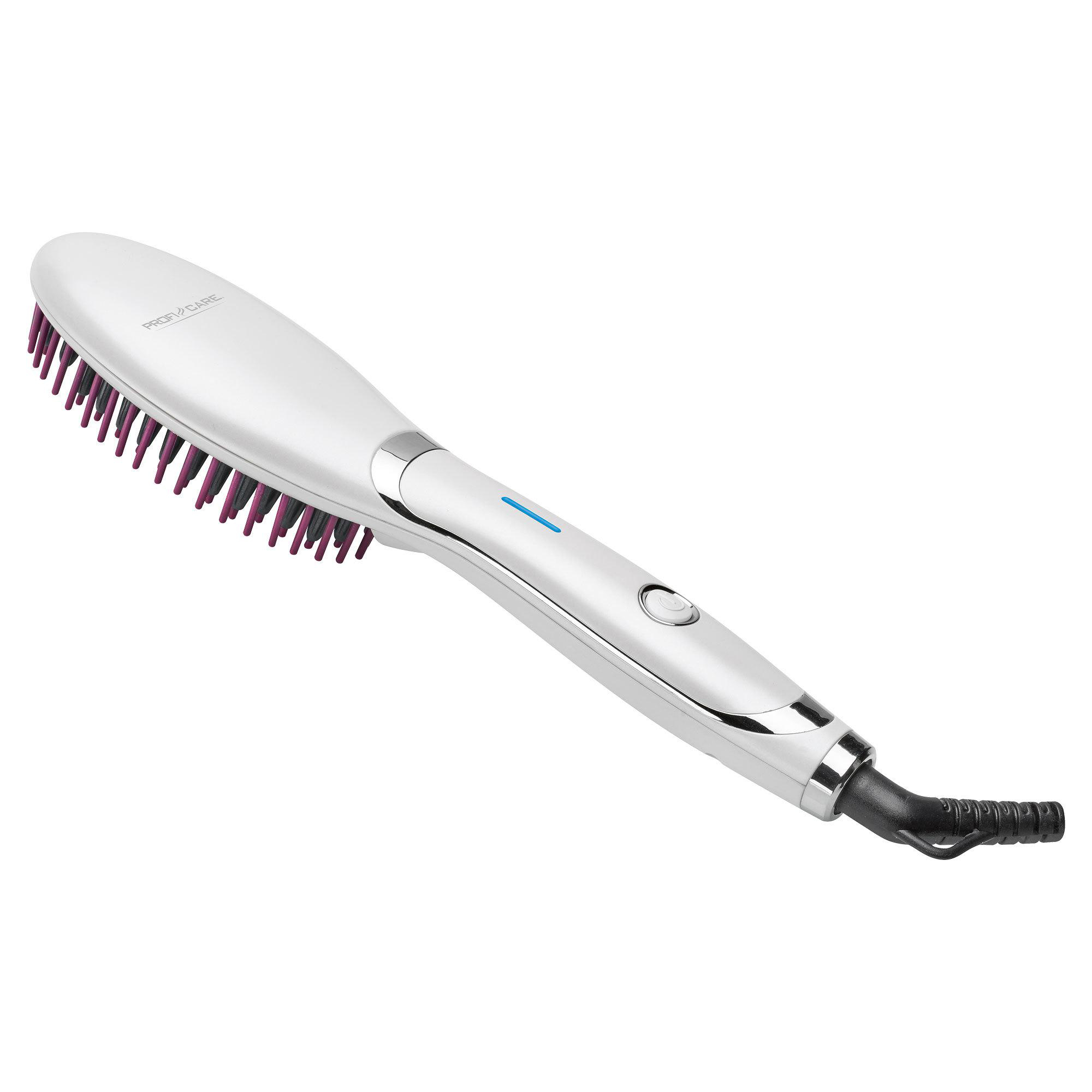 Weißer Haarglättungsbürste mit lila Borsten, schwarzem Kabel und Power-Taste.