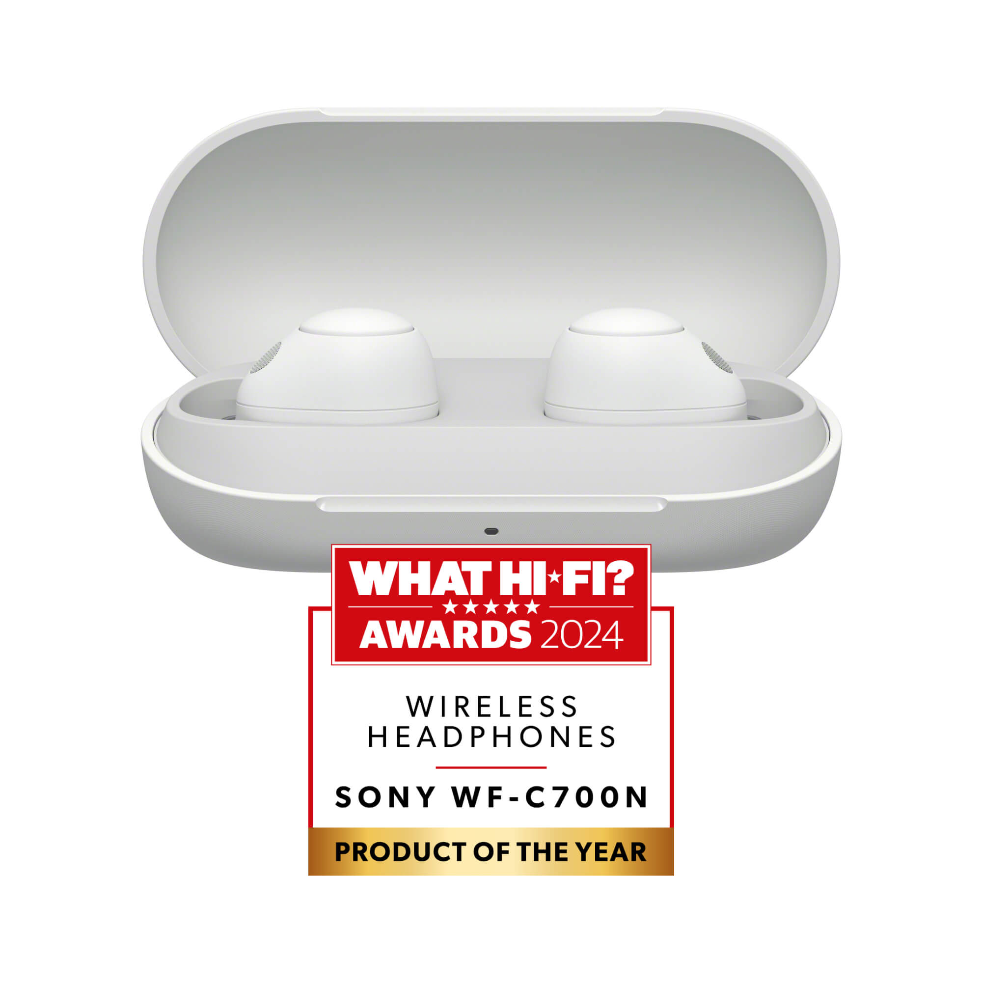 Białe bezprzewodowe słuchawki douszne w etui ładującym, z naklejką 'What Hi-Fi? Awards 2024'.