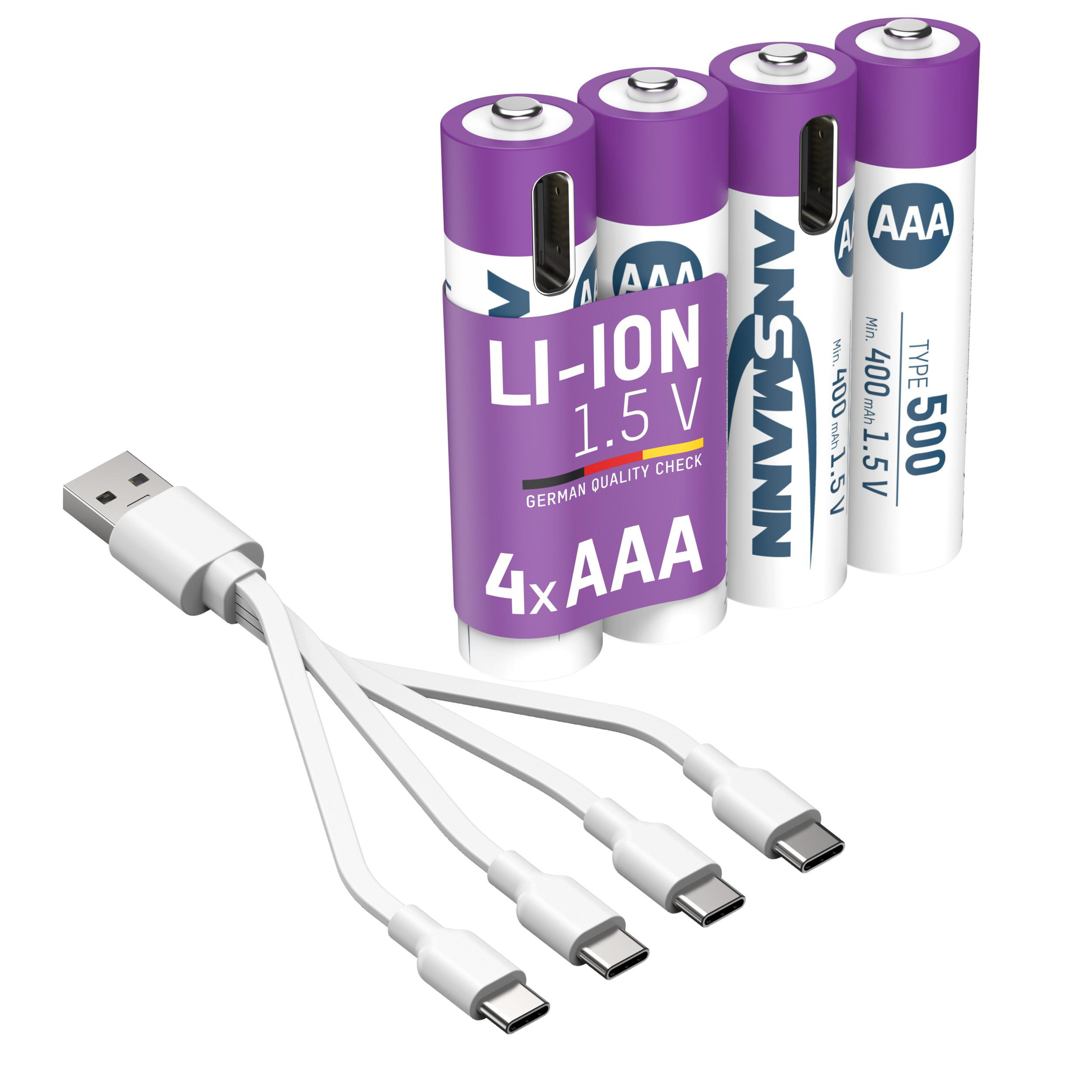 Vier AAA-Batterien und ein USB-Ladekabel. Auf den Batterien steht: ANSMANN Li-ION 1,5V, 4xAAA. Das Ladegerät hat 4 Anschlüsse.