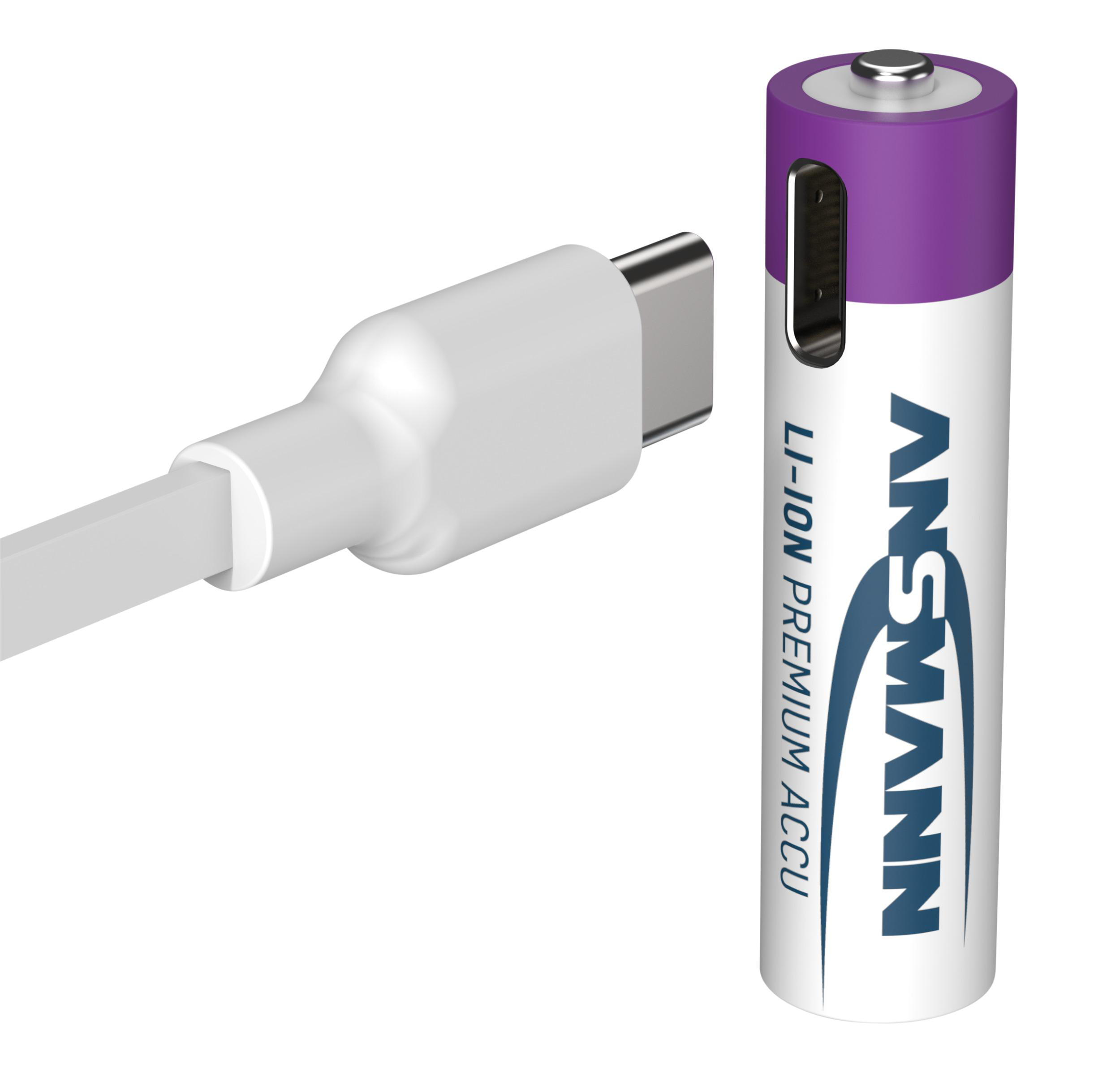 Weißes USB-C-Kabel neben einer weiß-violetten Batterie mit ANSMANN-Text.
