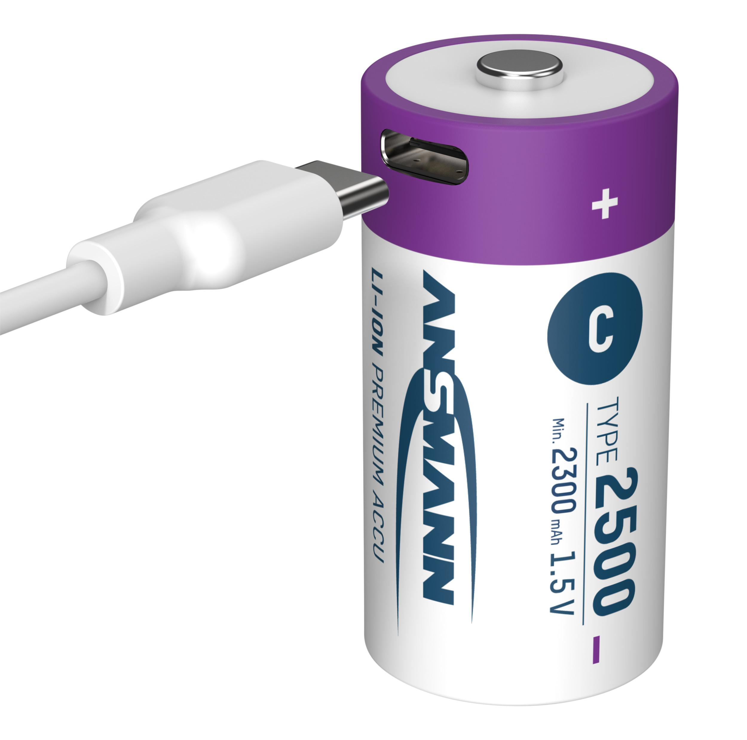 Eine C-Batterie mit einem USB-C-Kabel zum Aufladen.
