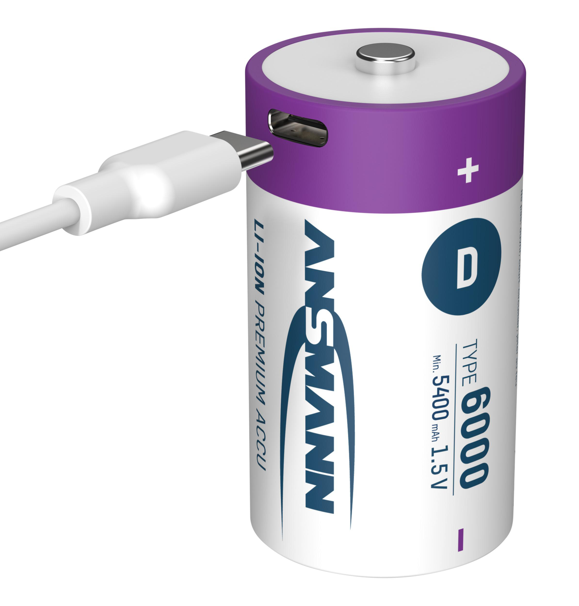 Eine große, zylindrische Batterie mit Ladeanschluss und weißem Kabel.