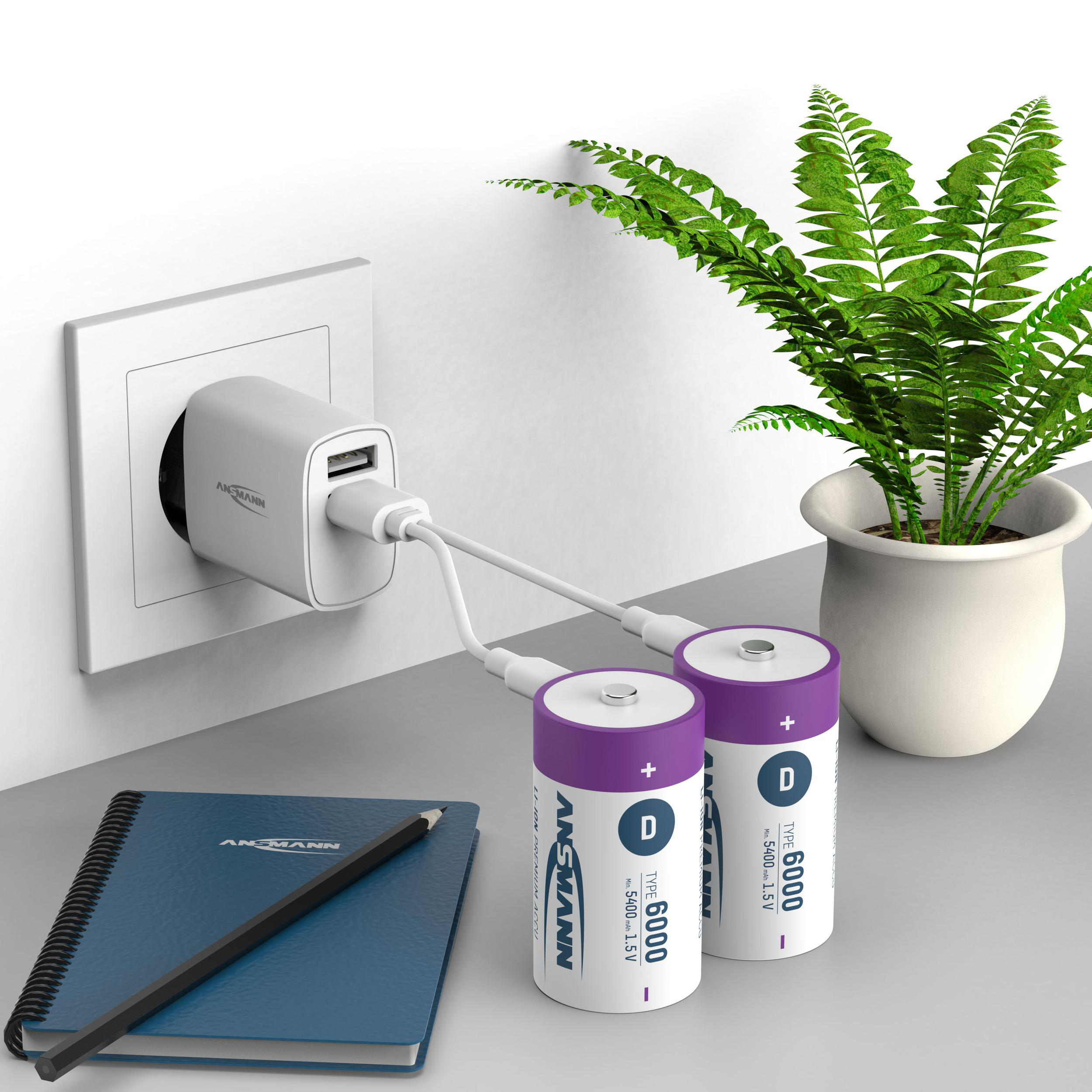 Batterien laden in einem Wandladegerät, neben einem Notizbuch und einer kleinen Pflanze.