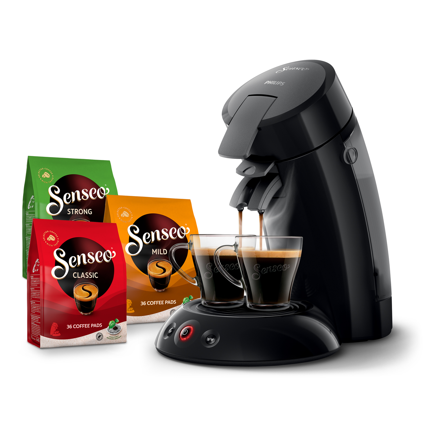 Koffiezetapparaat met koffiepads, serveert twee kopjes. Merk is Senseo.