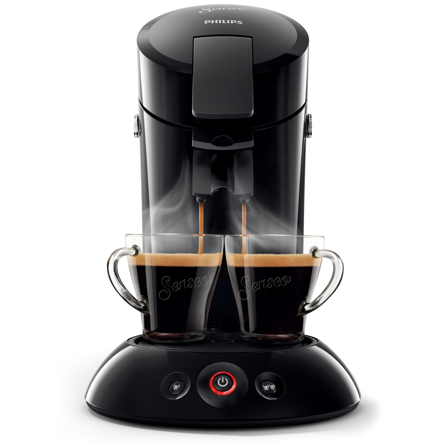 Zwarte koffiemachine, schenkt koffie in twee glazen kopjes. Stoom zichtbaar.