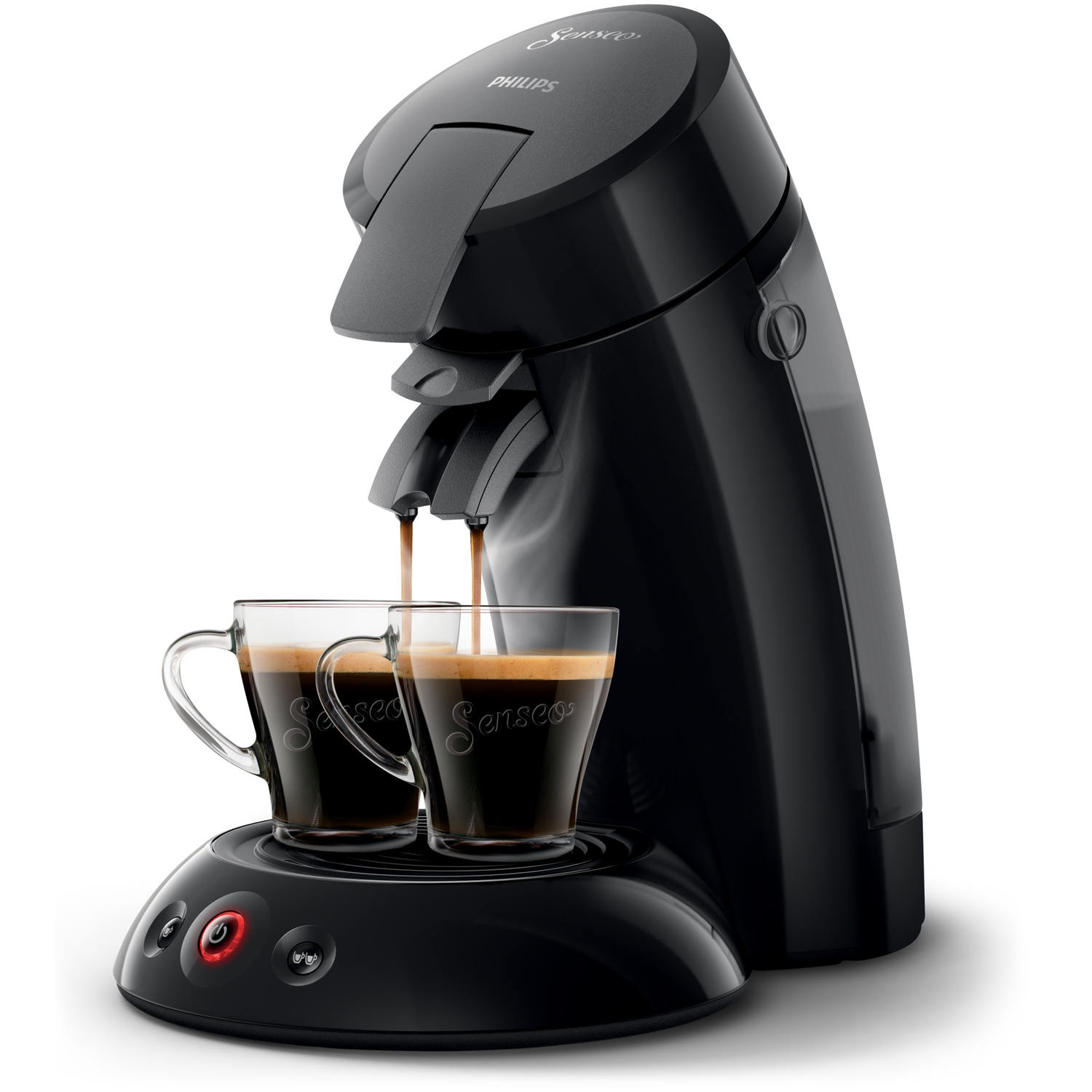 Zwarte koffiemachine die koffie in twee glazen kopjes op een standaard schenkt.