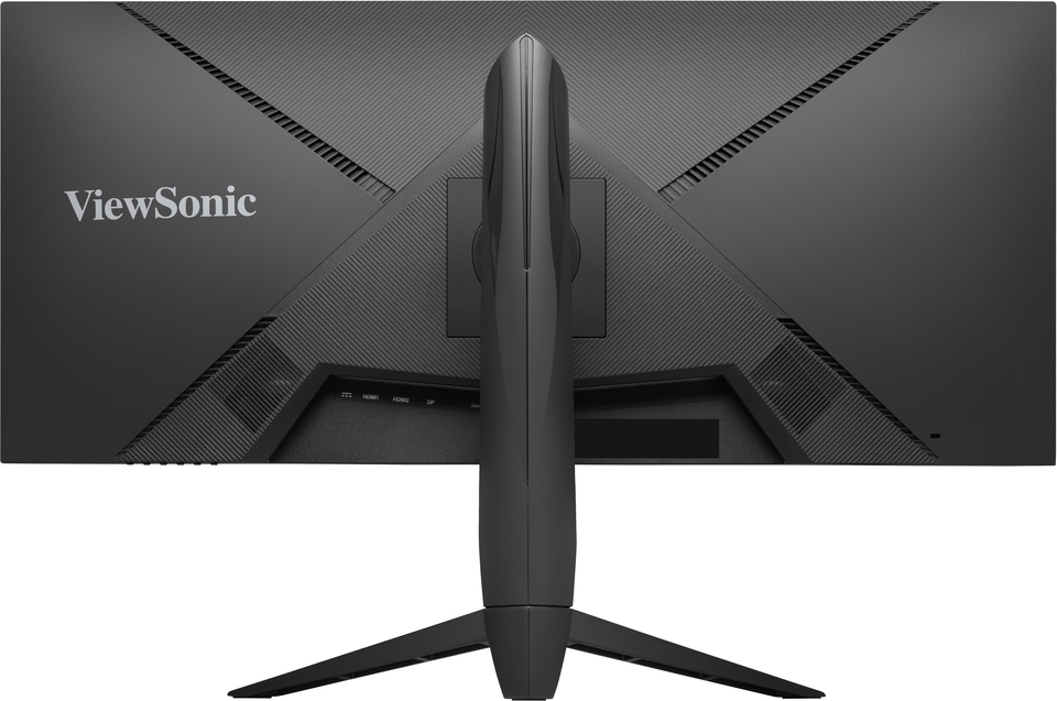 Siyah bir ViewSonic oyun monitörünün arka görünümü, standı ve bağlantı noktaları gösteriliyor.