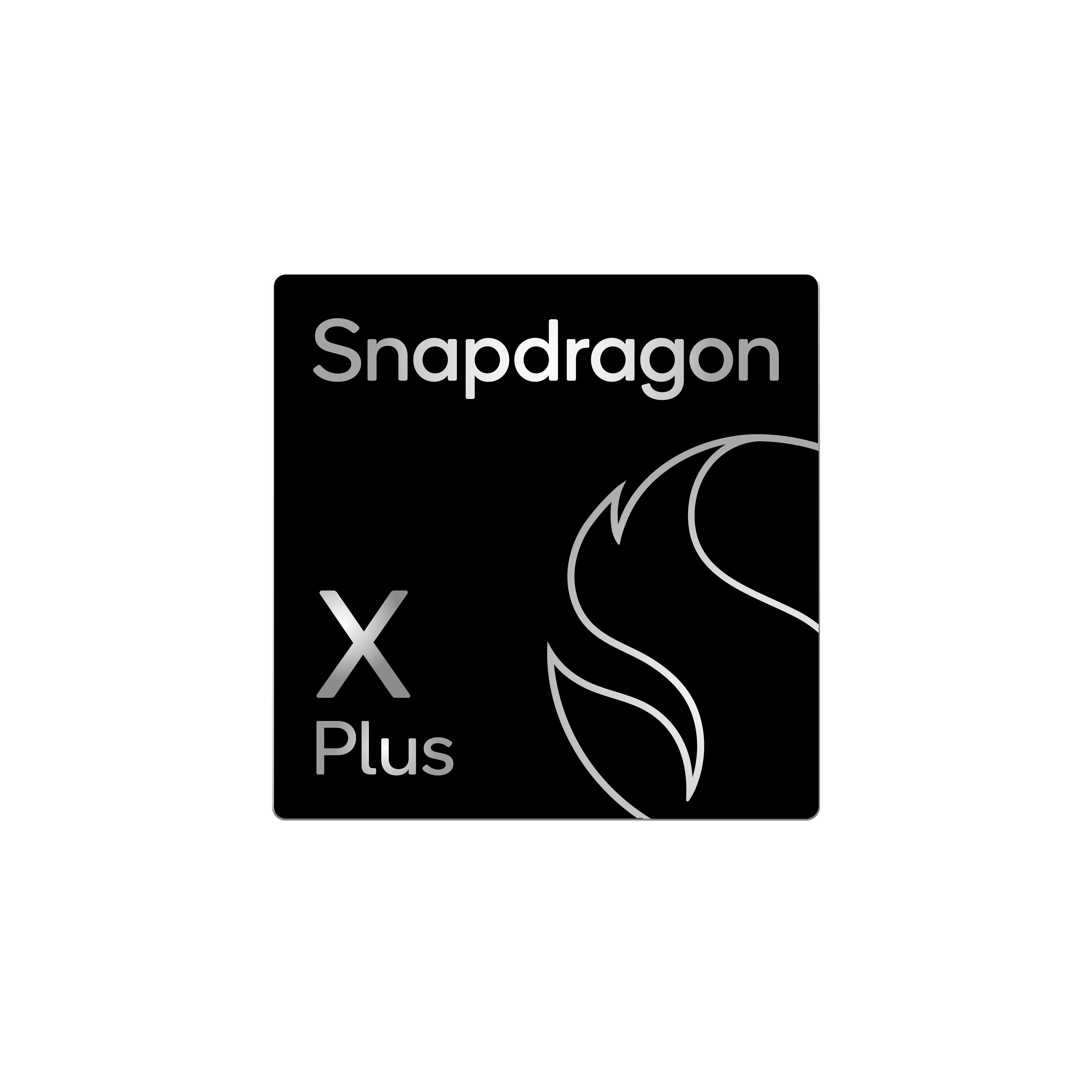 Snapdragon X Plus Logo in Silber auf schwarzem Quadrat, vor schwarzem Hintergrund.