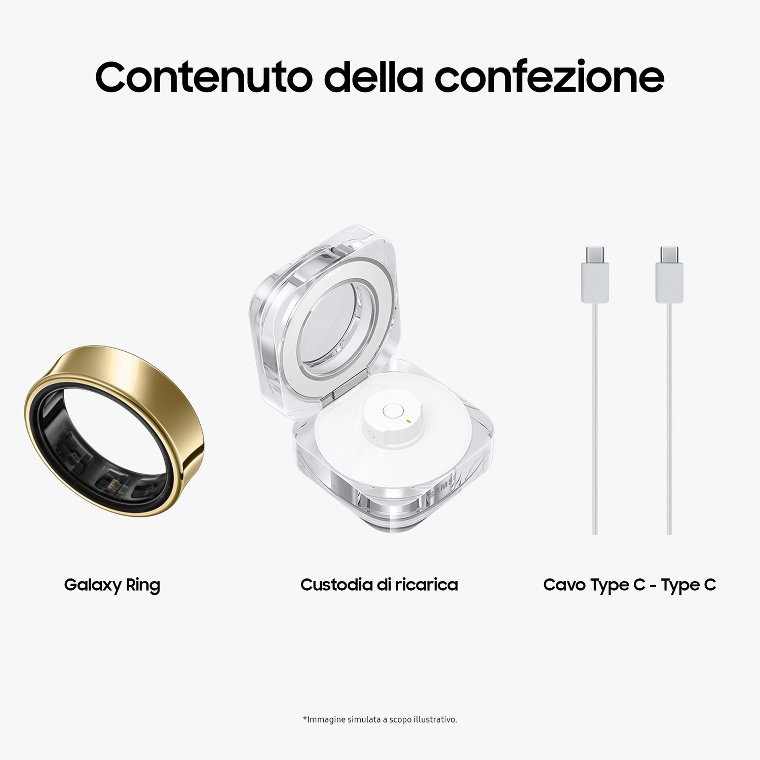 Samsung Galaxy Ring, custodia di ricarica e un cavo USB-C.