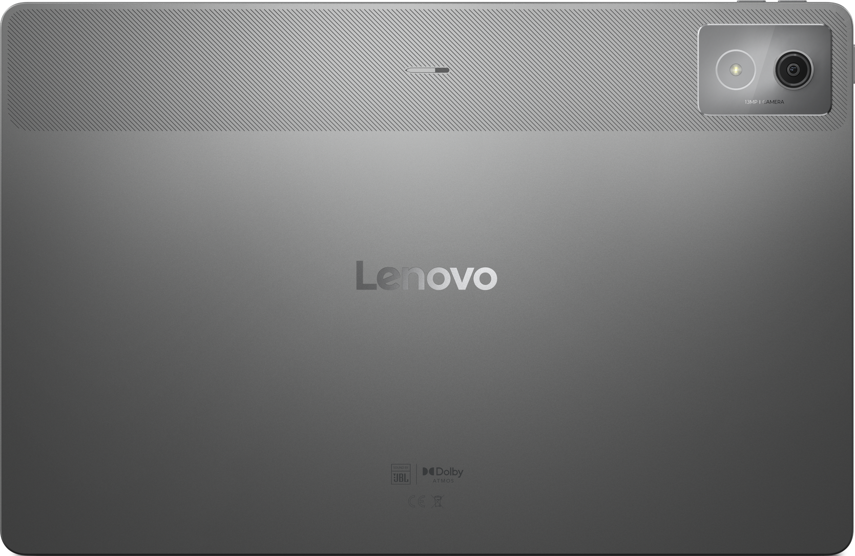 Die Rückseite eines grauen Lenovo-Tablets mit Kamera und dem Lenovo-Logo.