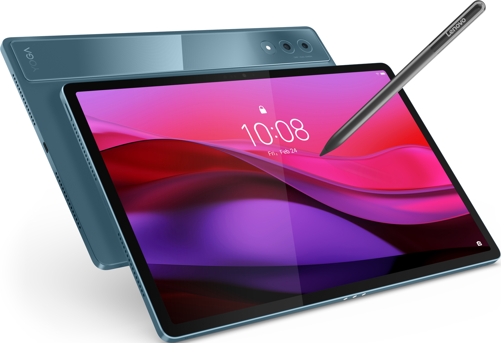 Tablet con schermo che mostra l'ora e la data, con una penna.