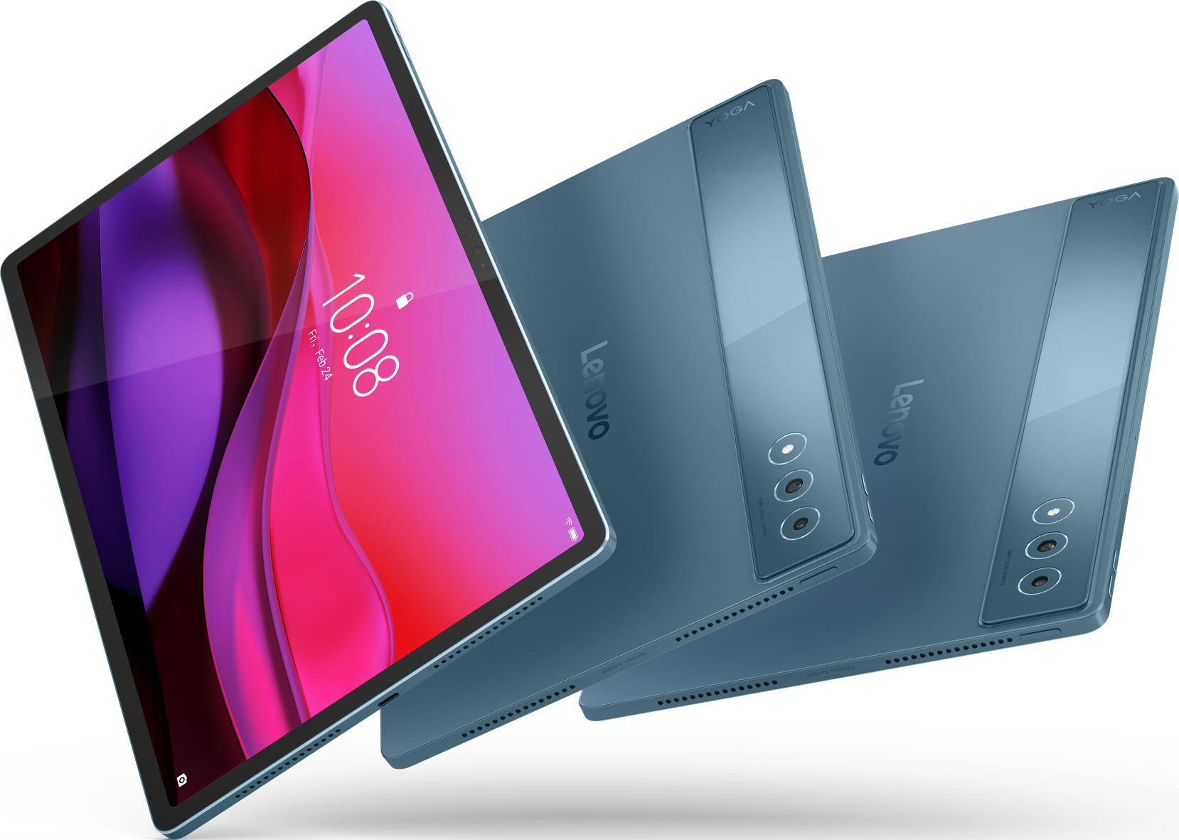 Tablet di colore blu, con schermo rosa, tre tablet.