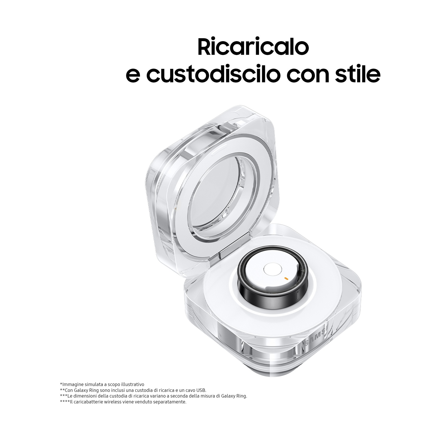 L'immagine mostra il Galaxy Ring nella sua custodia di ricarica, aperta, con un disco bianco all'interno della custodia trasparente.