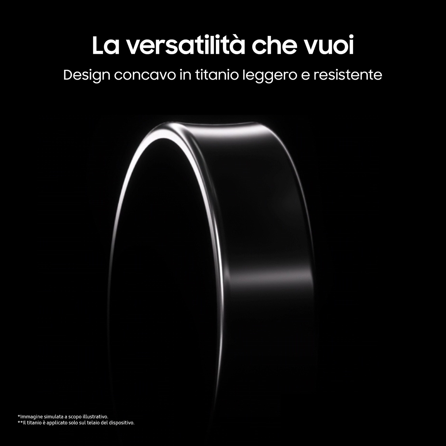 L'immagine mostra un primo piano del design in titanio del Galaxy Ring, evidenziando la sua forma concava leggera e resistente.