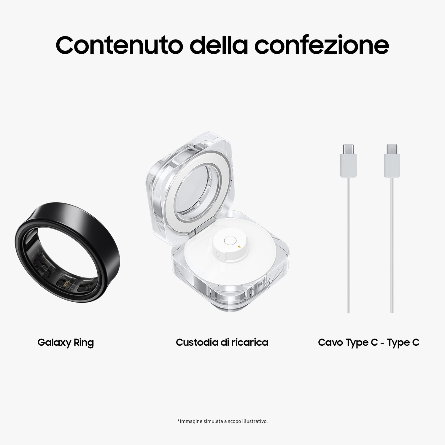 L'immagine mostra il Galaxy Ring, la custodia di ricarica e due cavi da Tipo C a Tipo C, il tutto su sfondo bianco.