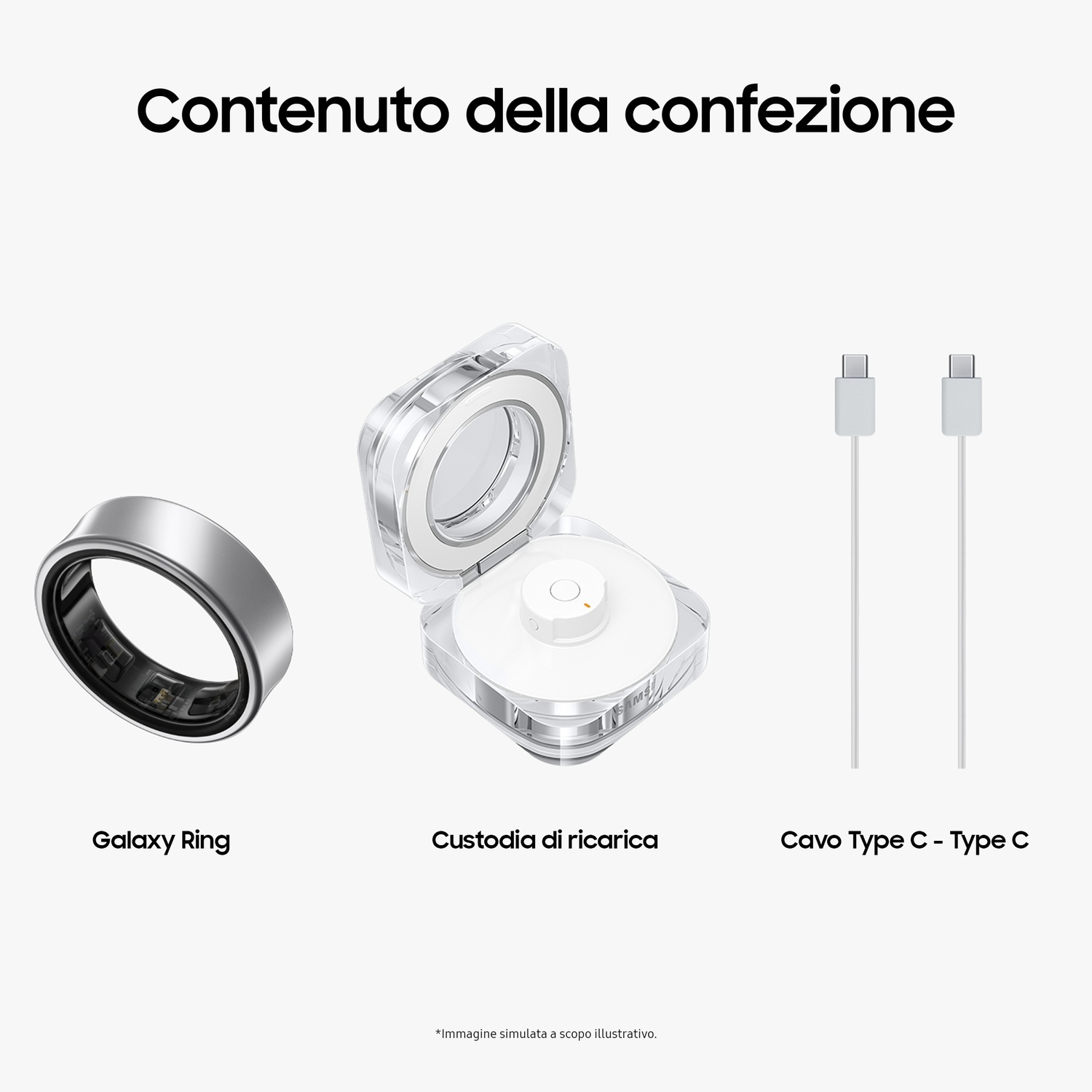 L'immagine mostra il Galaxy Ring, la custodia di ricarica e due cavi da Tipo C a Tipo C, il tutto su sfondo bianco.