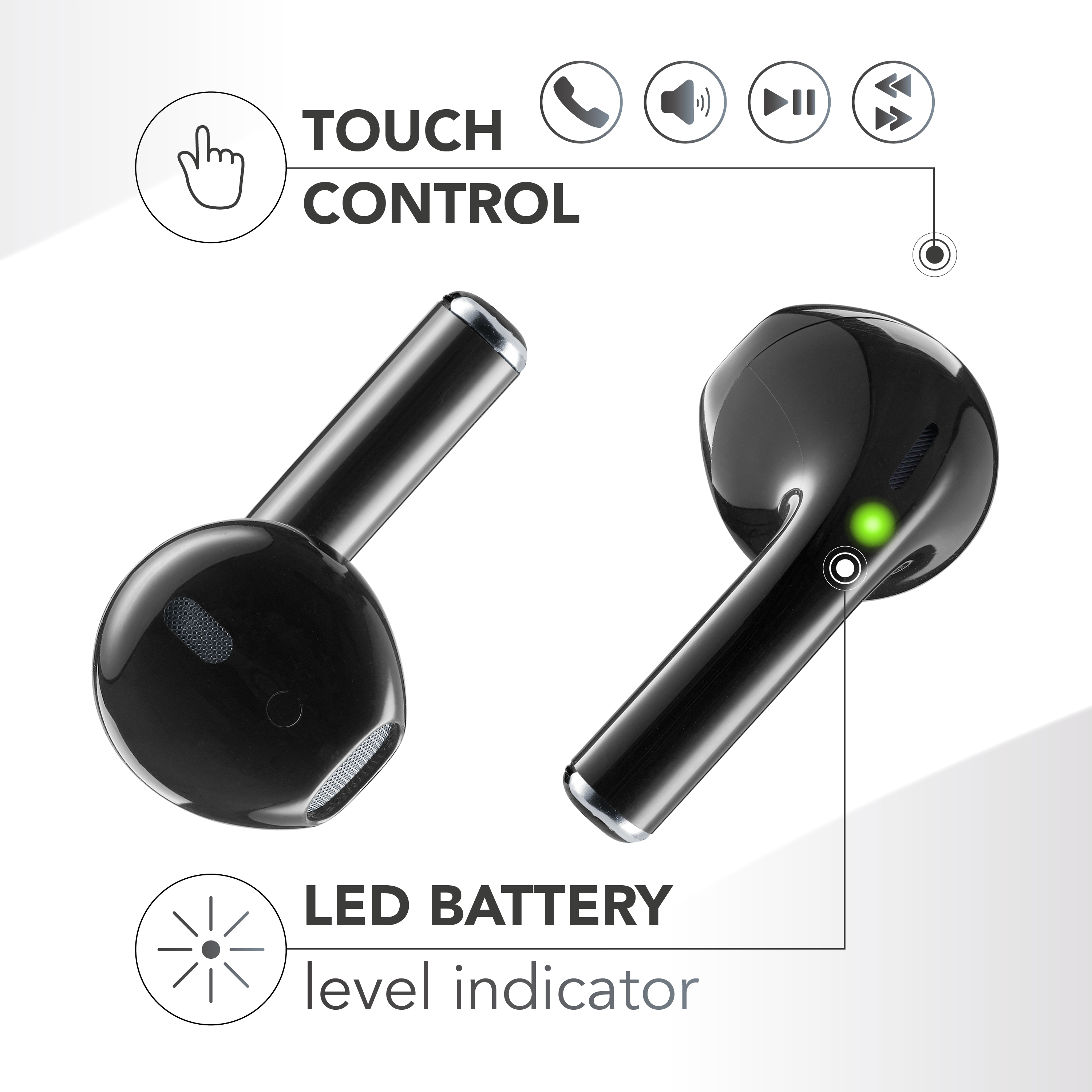 Auricolari neri, icone di controllo touch, indicatore LED batteria, sfondo bianco.