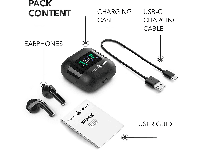 Music Sound Spark True Wireless Kopfhörer, Schwarz — Foto 4 von 5