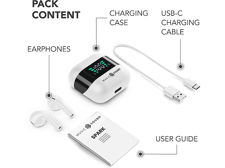Music Sound Spark True Wireless Kopfhörer, Weiß — Foto 4 von 5