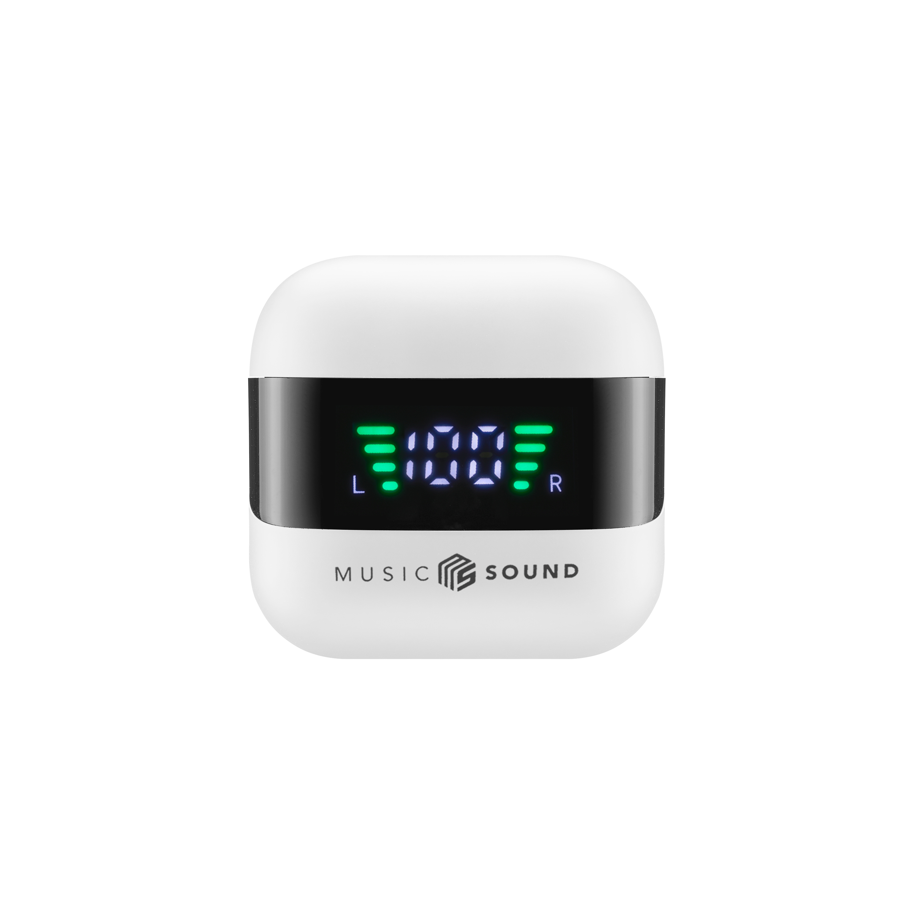 Weißes Ladecase mit LED-Anzeige, Text 'MUSIC SOUND' und Akkustand.