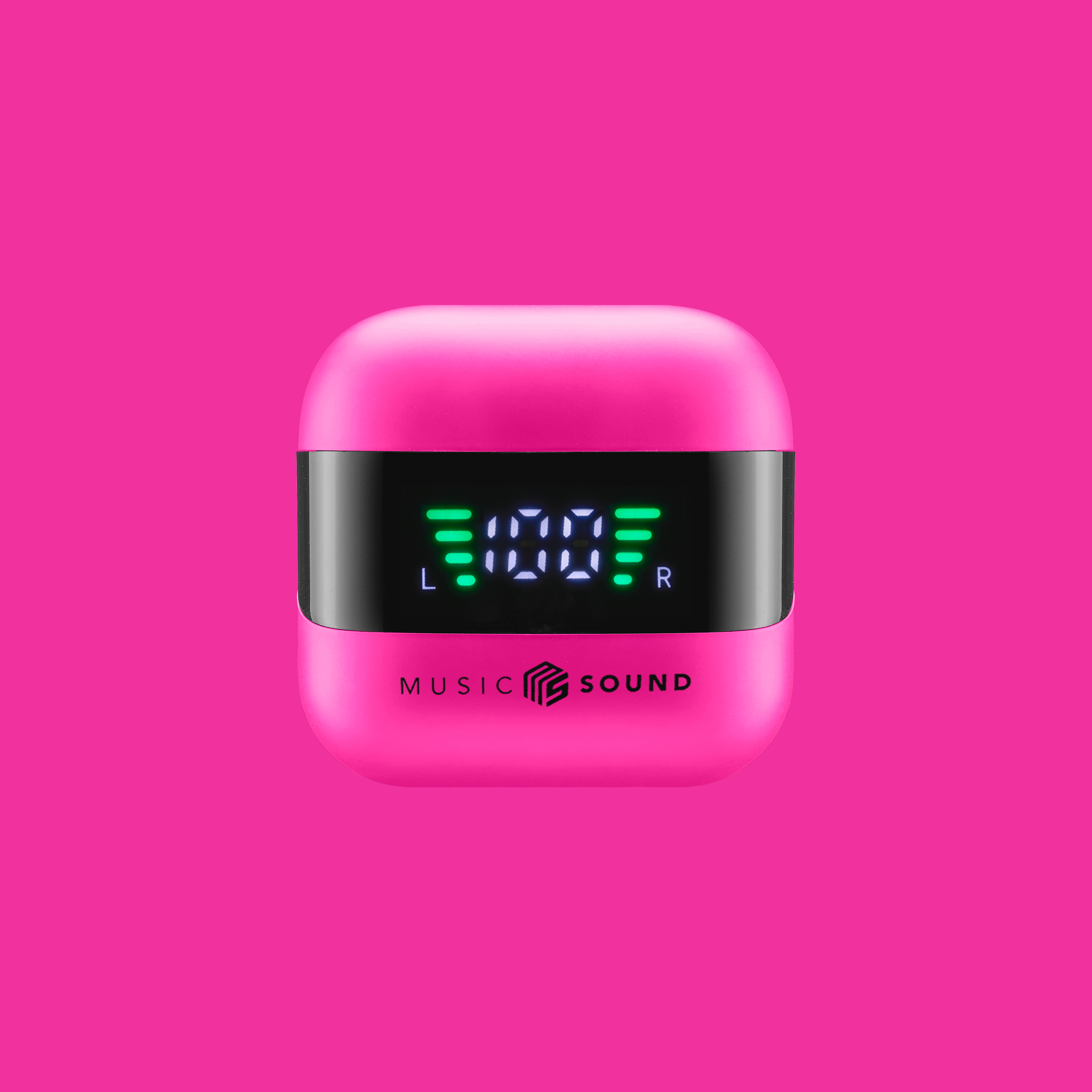 Rosa Ladecase, LED-Anzeige, Text 'MUSIC SOUND'.