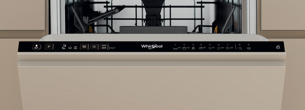 Mosogatógép vezérlőpanel gombokkal és Whirlpool logóval.
