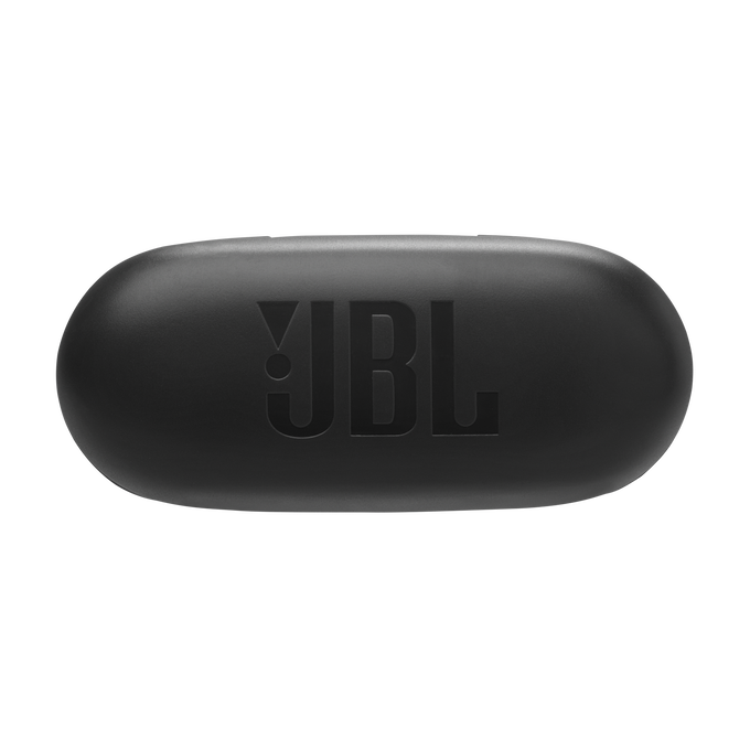 Vista superior del estuche de carga negro para auriculares JBL, con logo JBL.