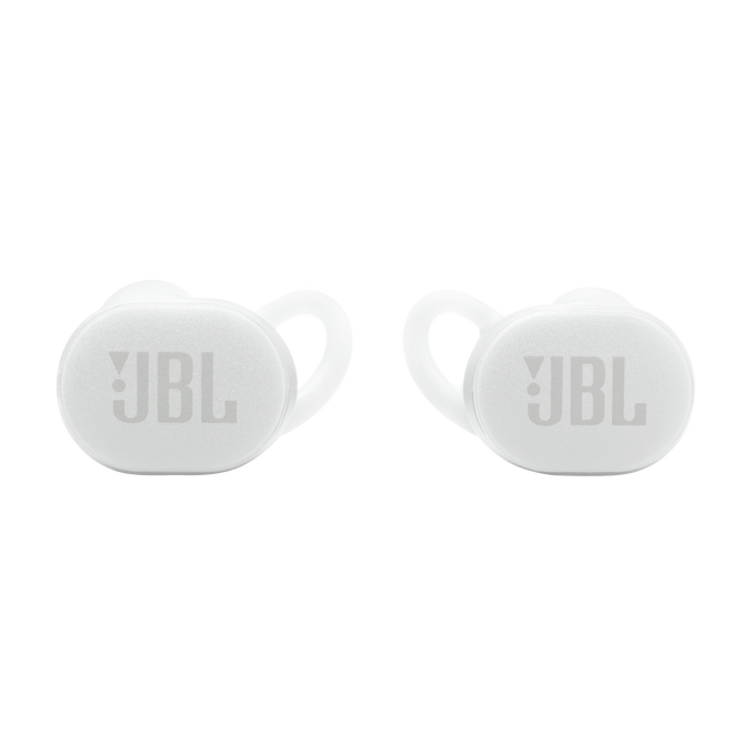 Par de auriculares JBL blancos con el logo JBL en los lados.