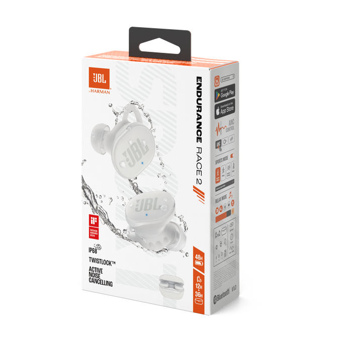 Auriculares JBL blancos en una caja. La caja es blanca y naranja con texto e imágenes.