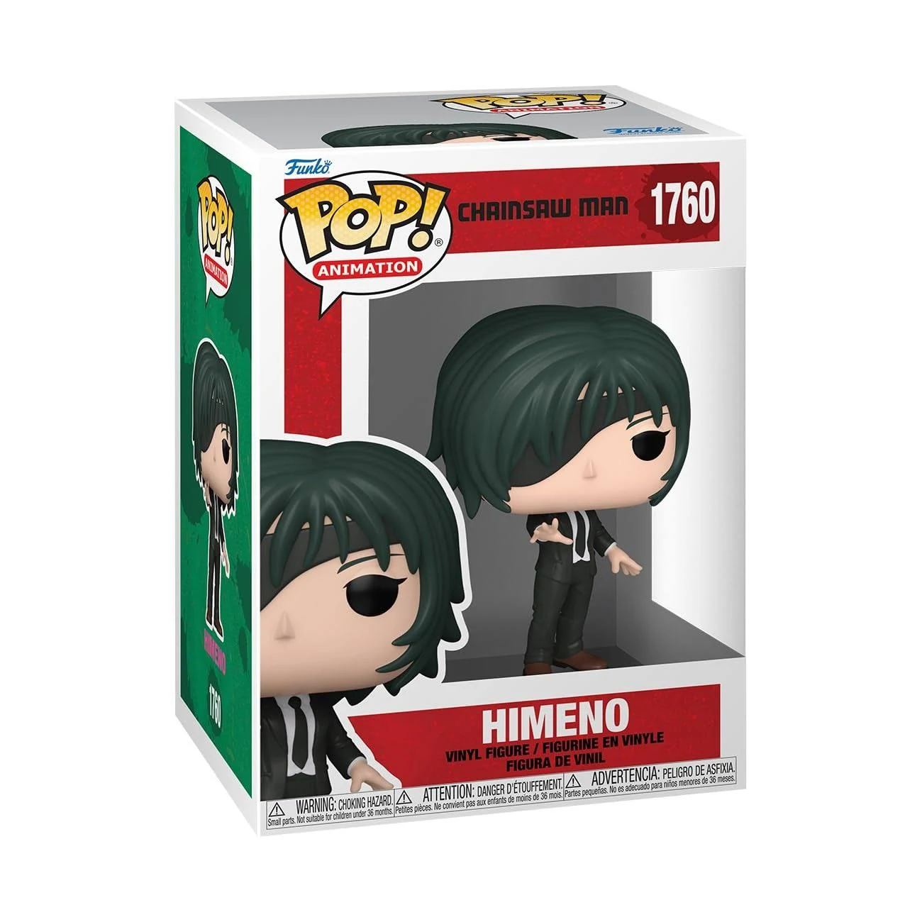 Figura Funko Pop de Himeno Chainsaw Man. La caja es verde y roja con gráficos.