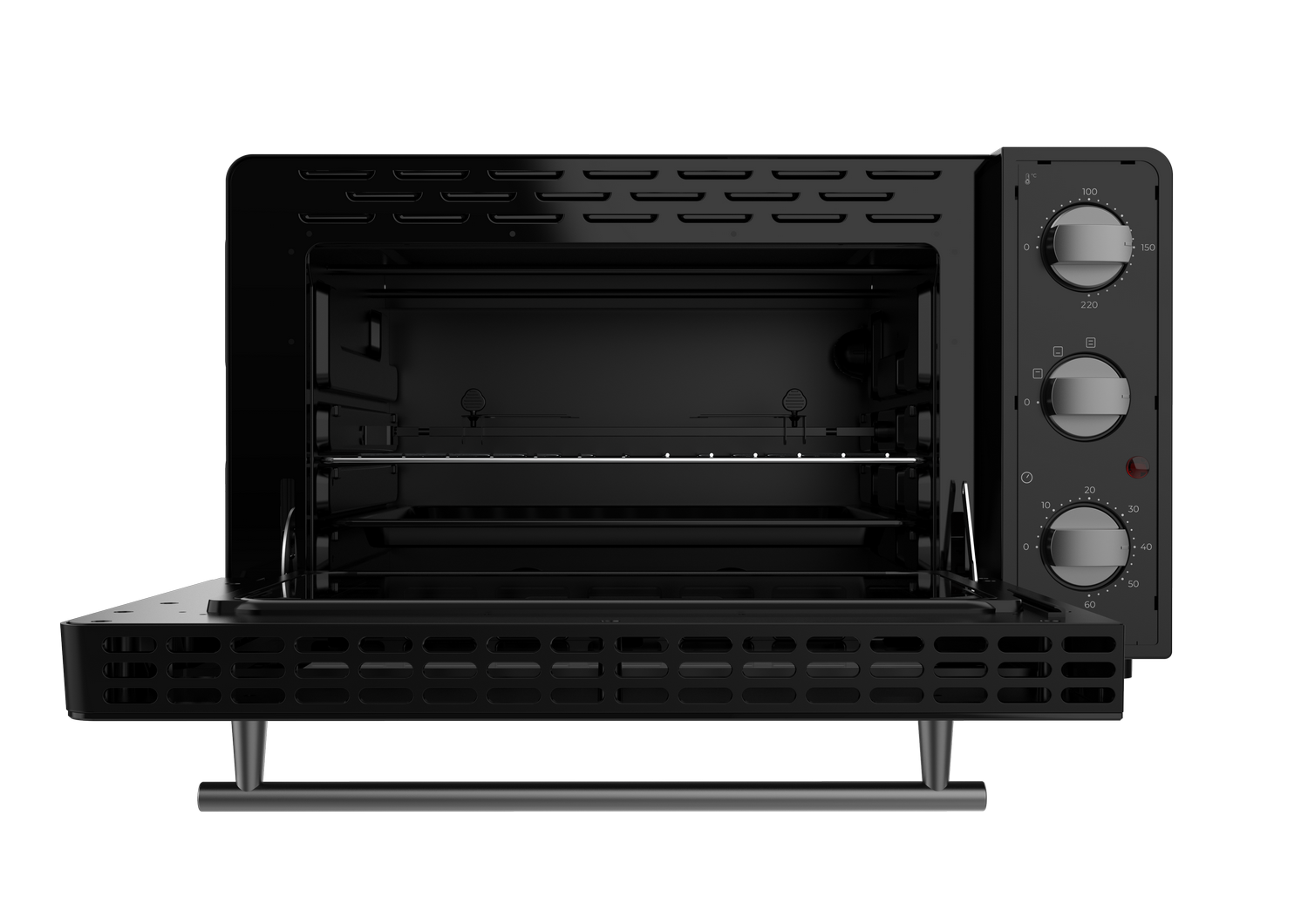 Horno negro con la puerta abierta. Perillas en el lado derecho.