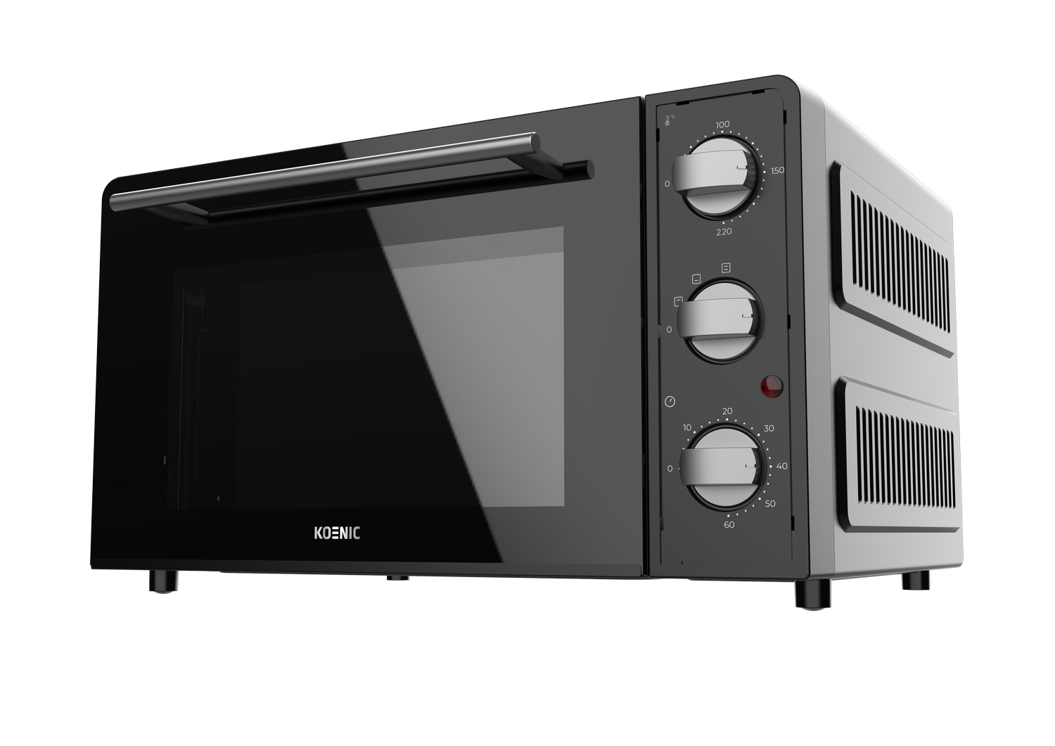 Horno KOENIC negro con diales y puerta de cristal.