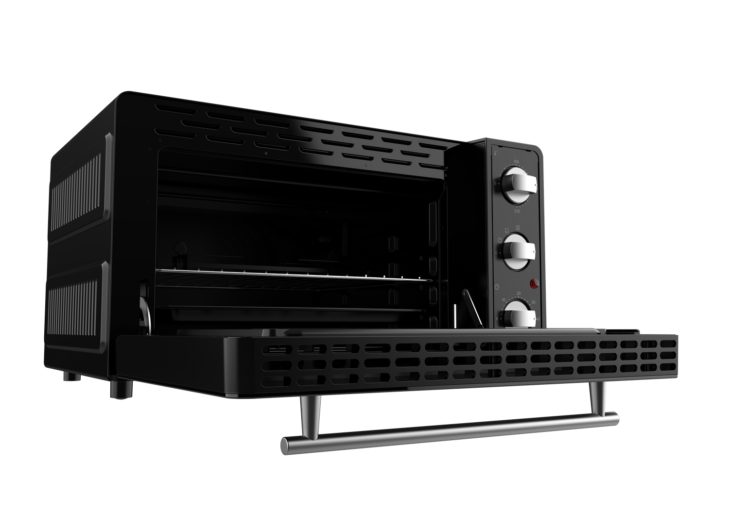 Horno negro con la puerta abierta. Perillas a la derecha. Manija plateada.
