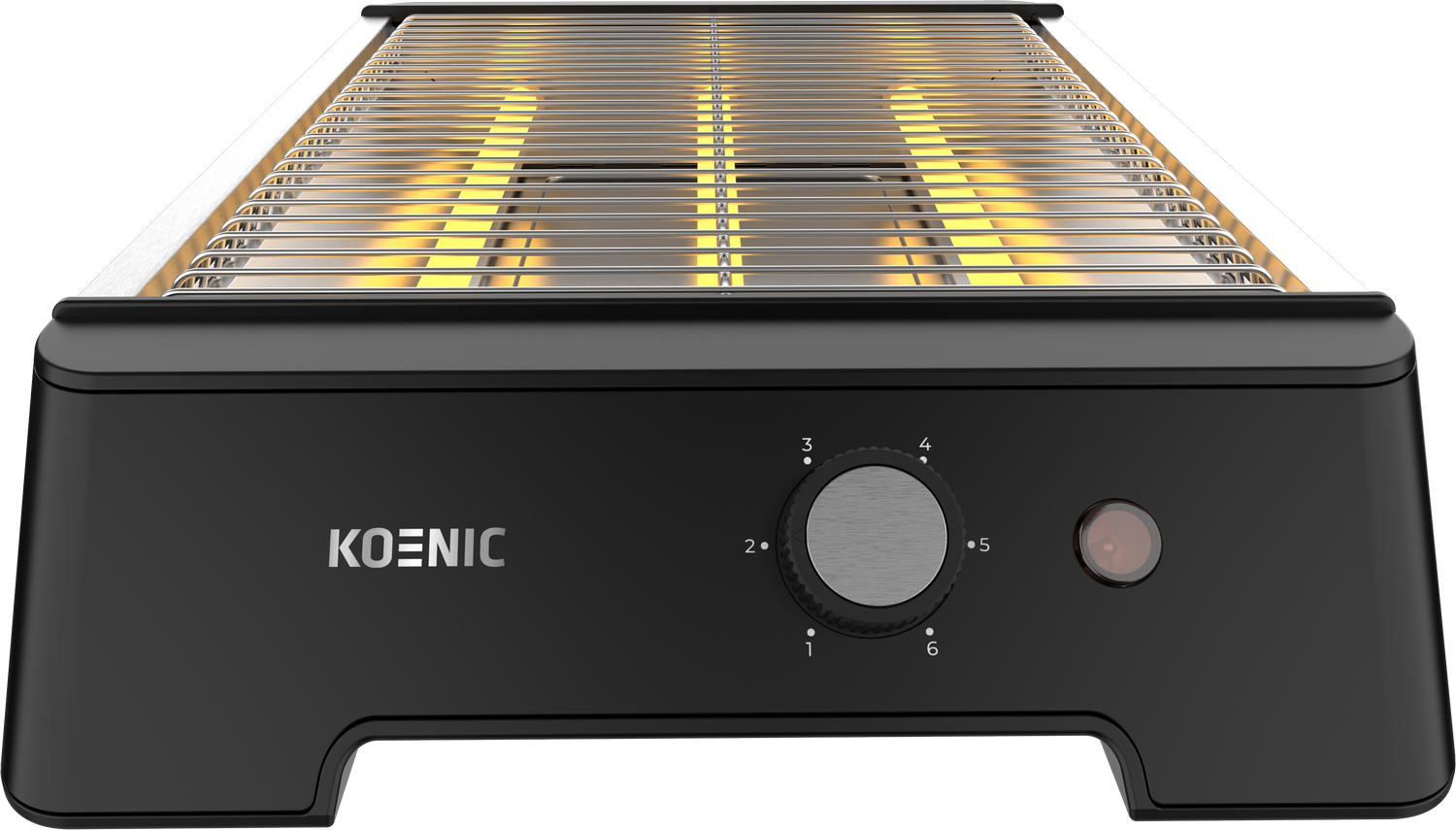 Parrilla eléctrica negra con un dial y la marca 'KOENIC' en la parte frontal.