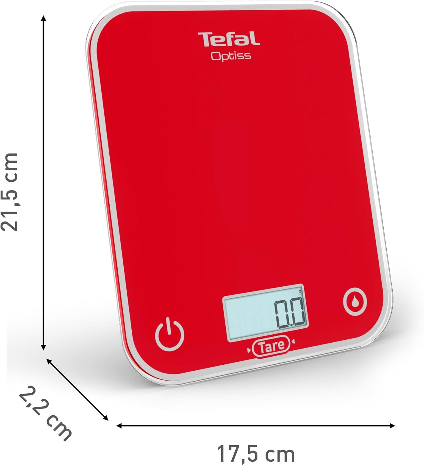 Báscula de cocina digital roja Tefal Optiss con dimensiones. Fondo blanco.