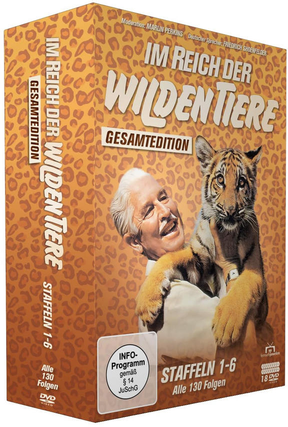 DVD-Box-Set mit einem Mann und einem Tigerjungtier auf dem Cover, Leopardenmuster-Hintergrund.
