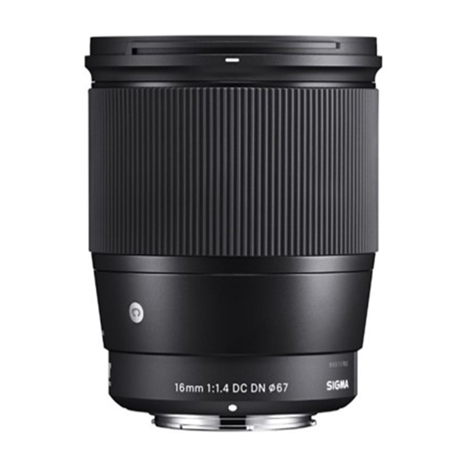 Obiettivo nero con paraluce su sfondo bianco. Ha 16mm 1:1.4 DC DN 67.